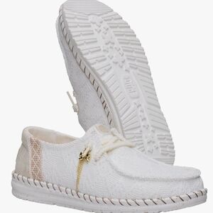 Hey Dude Women's White Slip-On Loafers with Tan Accent